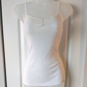 Cream Ribbed Cami w Lace Straps & Trim